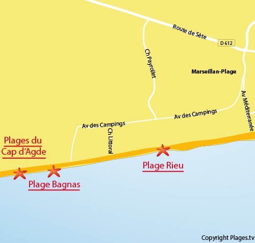 Carte de la plage de Bagnas à Marseillan - Cap d'Agde