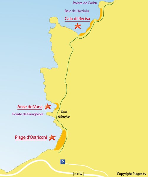 Map of beach in Acciolu bay - Corsica