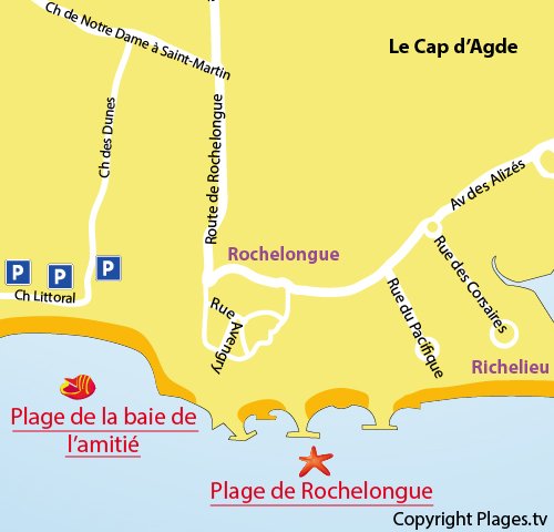 Carte de la plage de la Baie de l'Amitié au Cap d'Agde