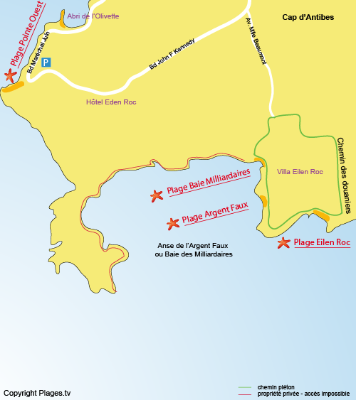 Mappa della spiaggia della Baia dei Miliardari  di Cap d'Antibes