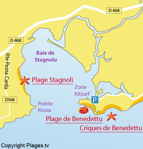 Map of the beach in the Stagnoli Bay in Porto Vecchio