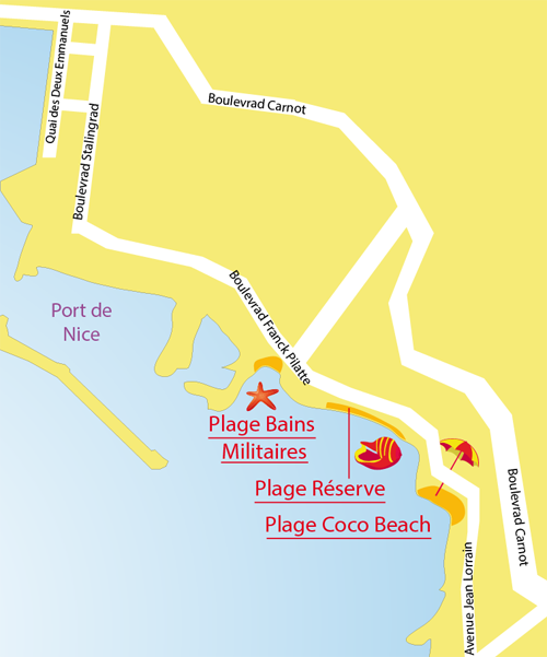 Carte de la plage des Bains Militaires à Nice