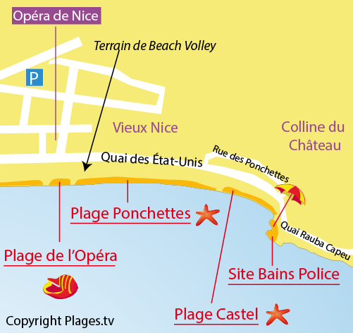 Carte de la plage des Bains de la Police à Nice