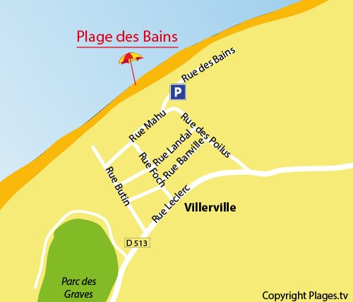 Map of Les Bains beach in Villerville