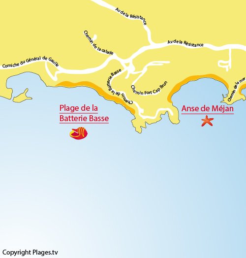 Carte de la plage de la Batterie Basse de Toulon