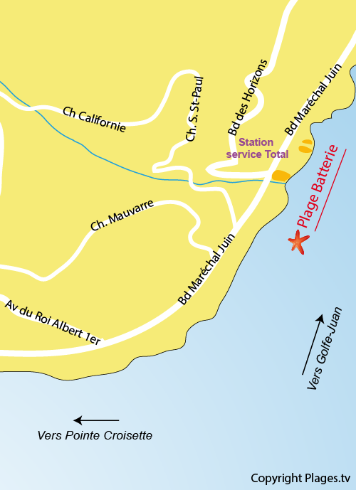 Carte de la plage de la Batterie à Cannes