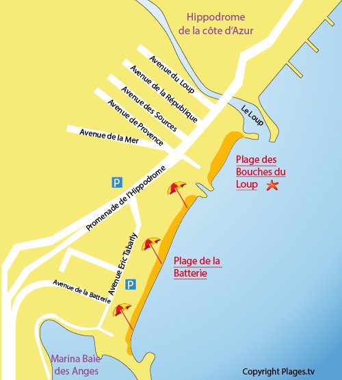 Carte de la plage de la Batterie à Villeneuve-Loubet