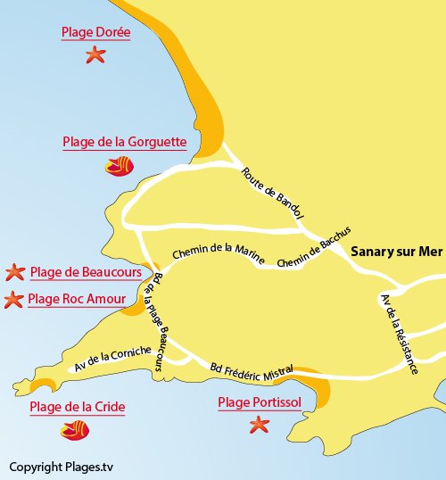 Map of Beaucours Beach in Sanary sur Mer