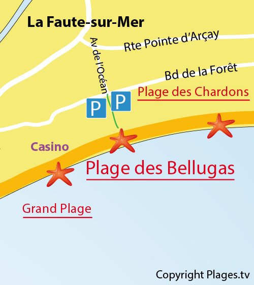 Map of Bellugas Beach in La Faute sur Mer