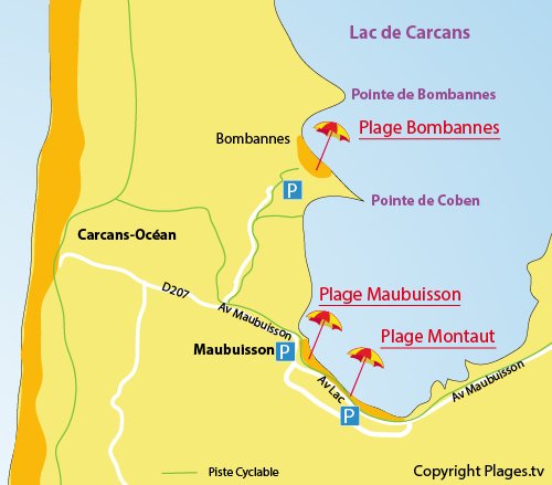 Map of Bombannes Beach - Carcans lake