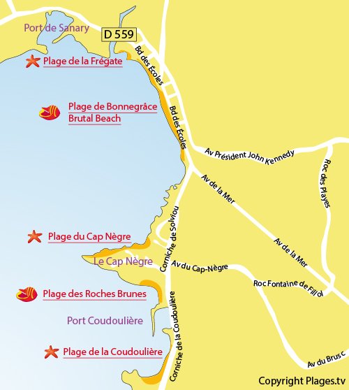 Carte de la plage de Bonnegrâce et Brutal Beach à Six Fours dans le Var