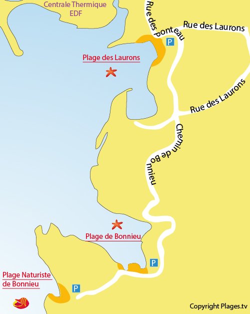 Carte de la plage naturiste de Bonnieu de Martigues La Couronne