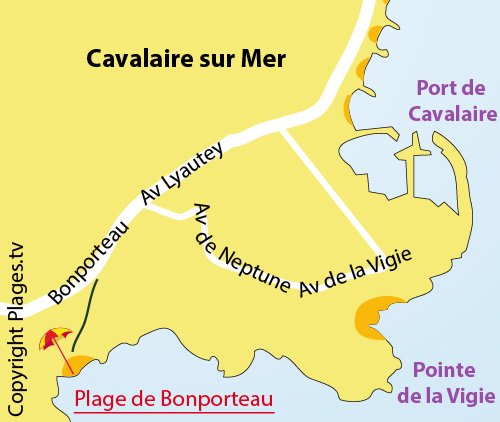 Map of Bonporteau Beach in Cavalaire sur Mer