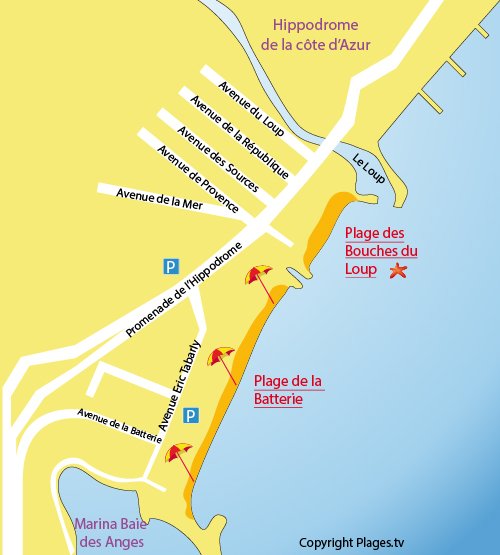 Mappa della Spiaggia delle Bouches du Loup a Villeneuve-Loubet