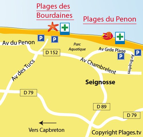 Map of Bourdaines Beach in Seignosse