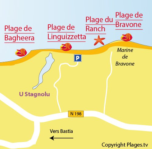 Map of Bravone beach in Linguizzetta in Corsica