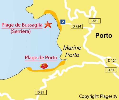 Map of Bussaglia Beach in Corsica - Porto gulf