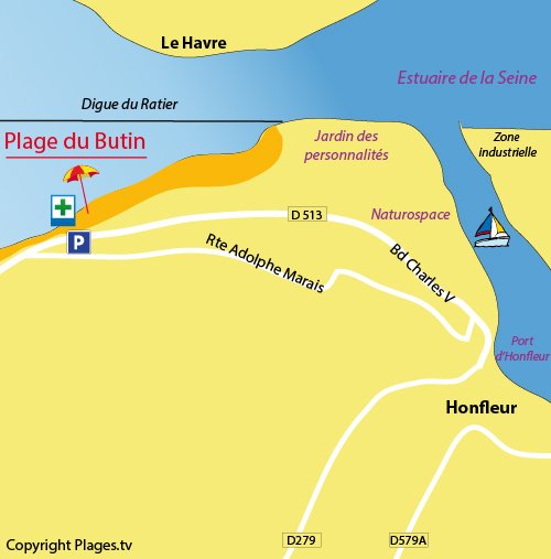 Carte de la plage du Butin à Honfleur