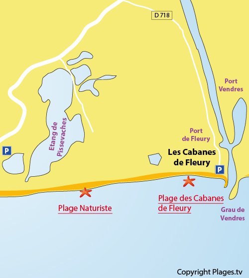 Mappa della Spiaggia di Les Cabanes de Fleury in Francia