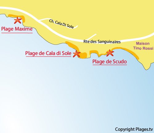 Carte de la plage de la Cala di Sole à Ajaccio
