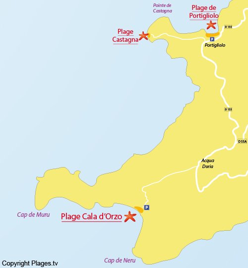 Carte de la plage de la Cala d'Orzo à Coti Chiavari