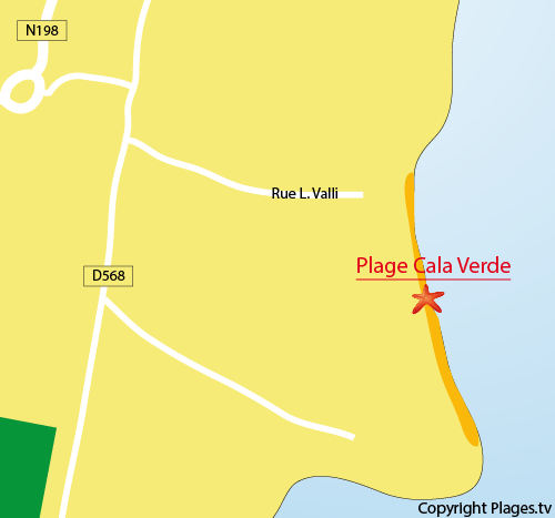 Map of Cala Verde beach in Porto Vecchio in Corsica