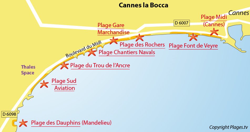 Carte des plages de Cannes la Bocca