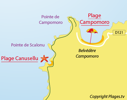 Map of Canusellu Beach in Campomoro