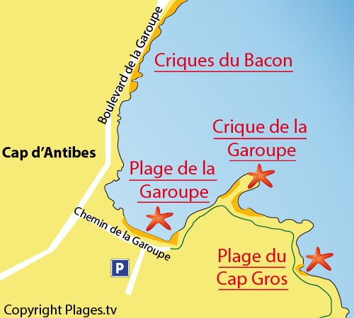 Map of Cap Gros Beach in Cap d'Antibes