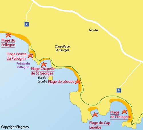 Carte de la plage au niveau du Cap Leoube à Bormes les Mimosas dans le Var