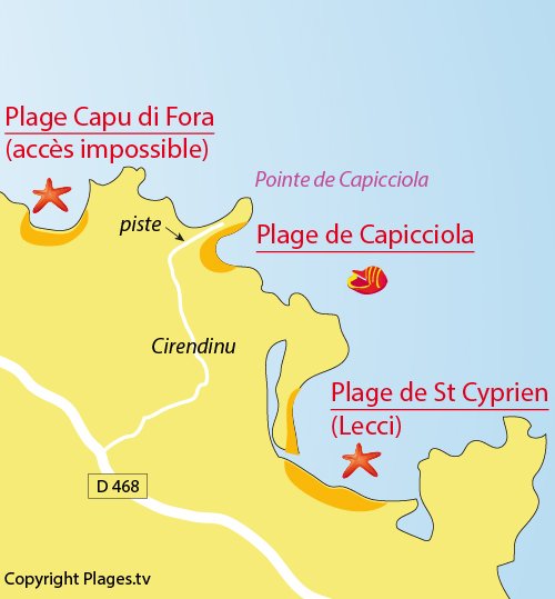 Map of Capicciola Beach in Sainte Lucie de Porto Vecchio