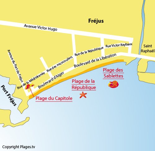 Carte de la plage du Capitole à Fréjus