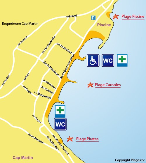 Mappa della Spiaggia di Carnoles a Roquebrune Cap Martin