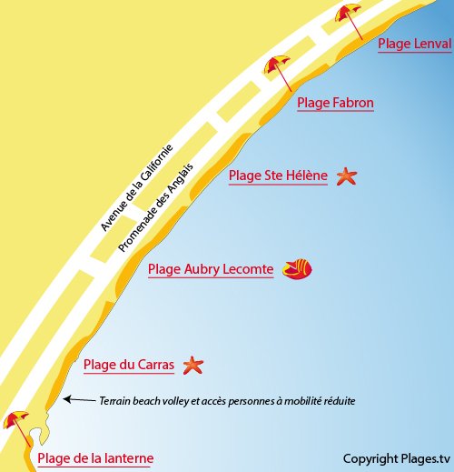 Map of the Carras beach in Nice