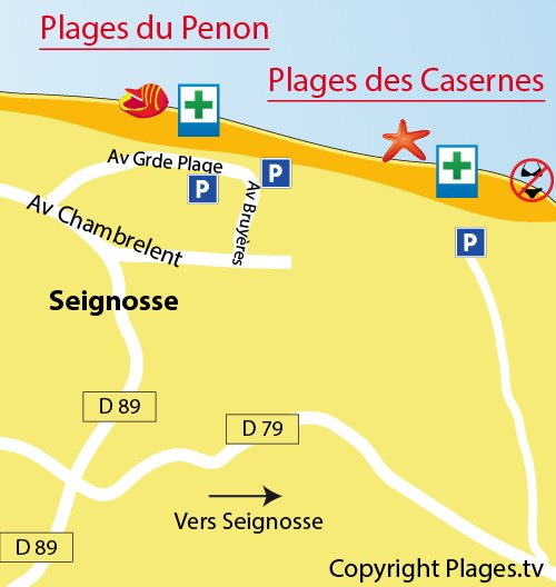 Map of Casernes Beach in Seignosse in France