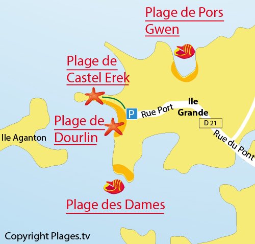 Carte de la plage de Castel Erek de Pleumeur Bodou