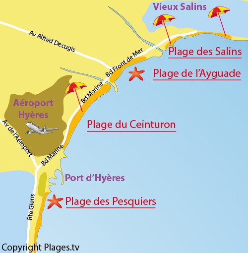 Map of Ceinturon beach in Hyères in France