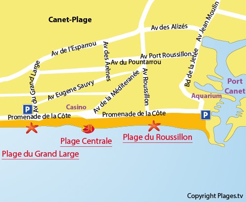 Map of Central beach in Canet en Roussillon in France