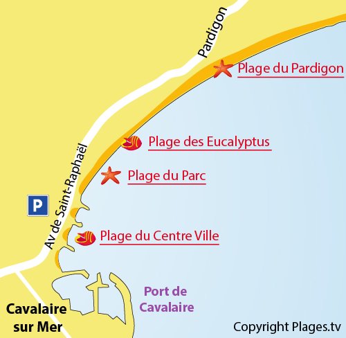 Karte des Stadtzentrumsstrandes von Cavalaire sur Mer