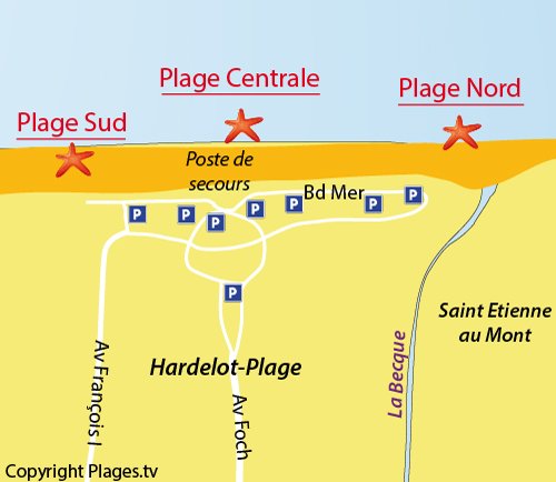 Carte de la plage du centre à Hardelot