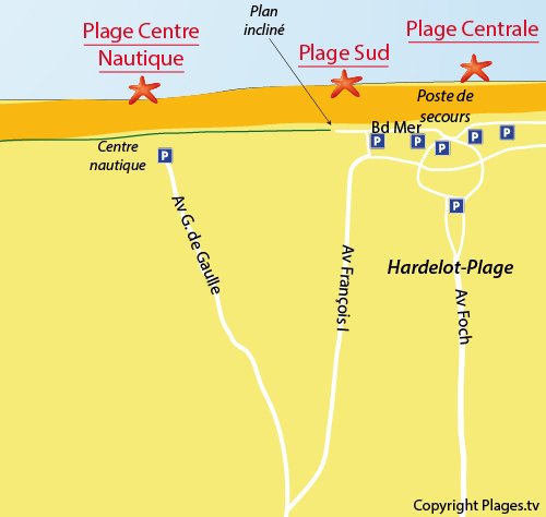 Carte de la plage du centre nautique d'Hardelot