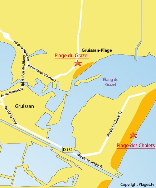 Plan de la plage des Chalets à Gruissan