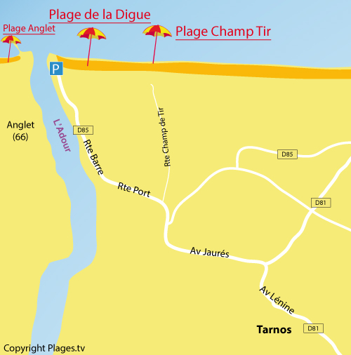 Carte de la plage du Champ de Tir à Tarnos