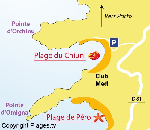 Map of Chiuni Beach in Cargèse