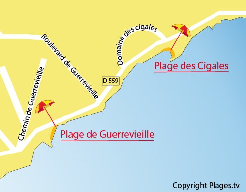 Plan de la plage des Cigales à Port Grimaud dans le Var