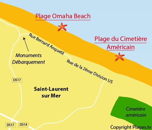 Carte de la plage du cimetière américain de St Laurent sur Mer