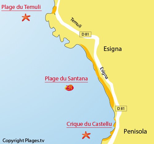 Map of Coggia beach in Sagone in Corsica