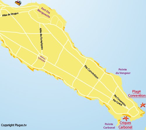 Carte de la plage de la Pointe de la Convention sur les iles de Lérins