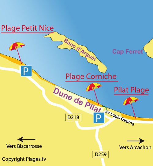 Map of Corniche Beach in Pyla sur Mer