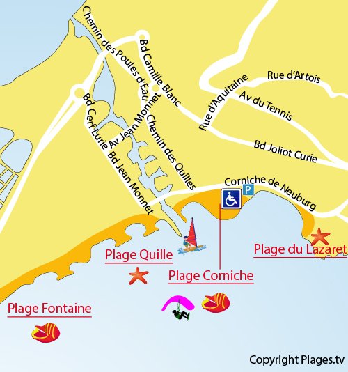 Carte de la plage de la Corniche à Sète